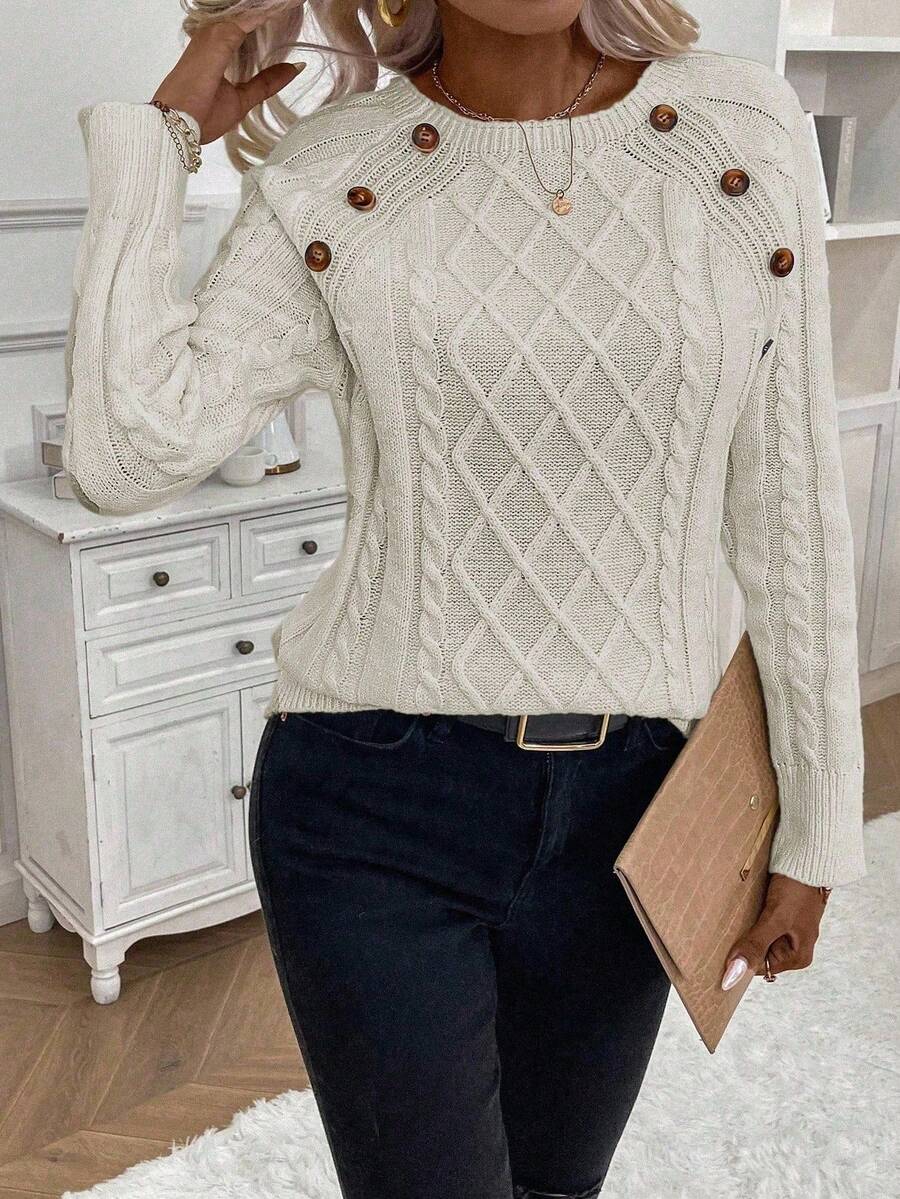 Clara – Button-Detail Cable Knit Sweater